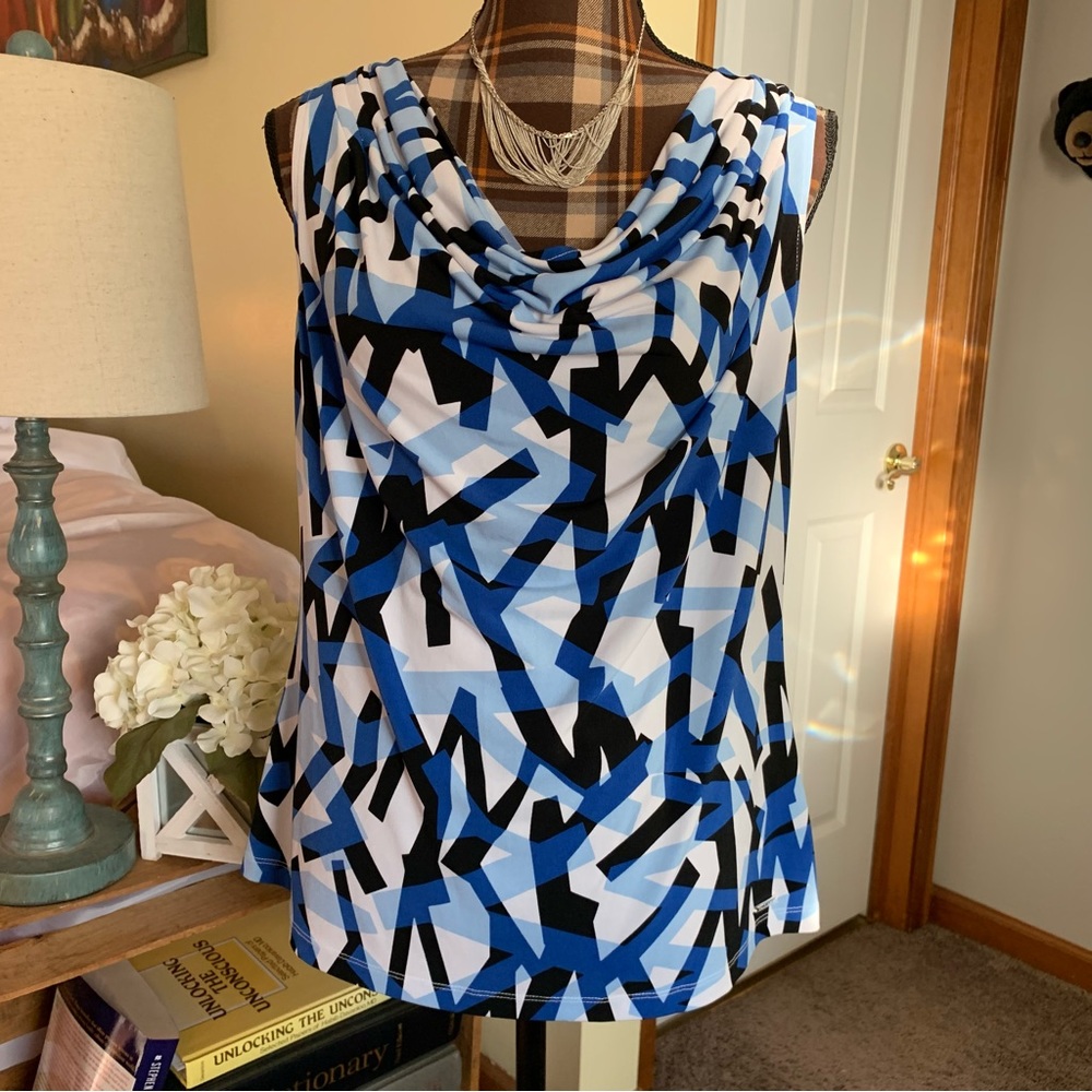 Calvin Klein X-Large blue geometric pattern sleeveless top Cowl Neck